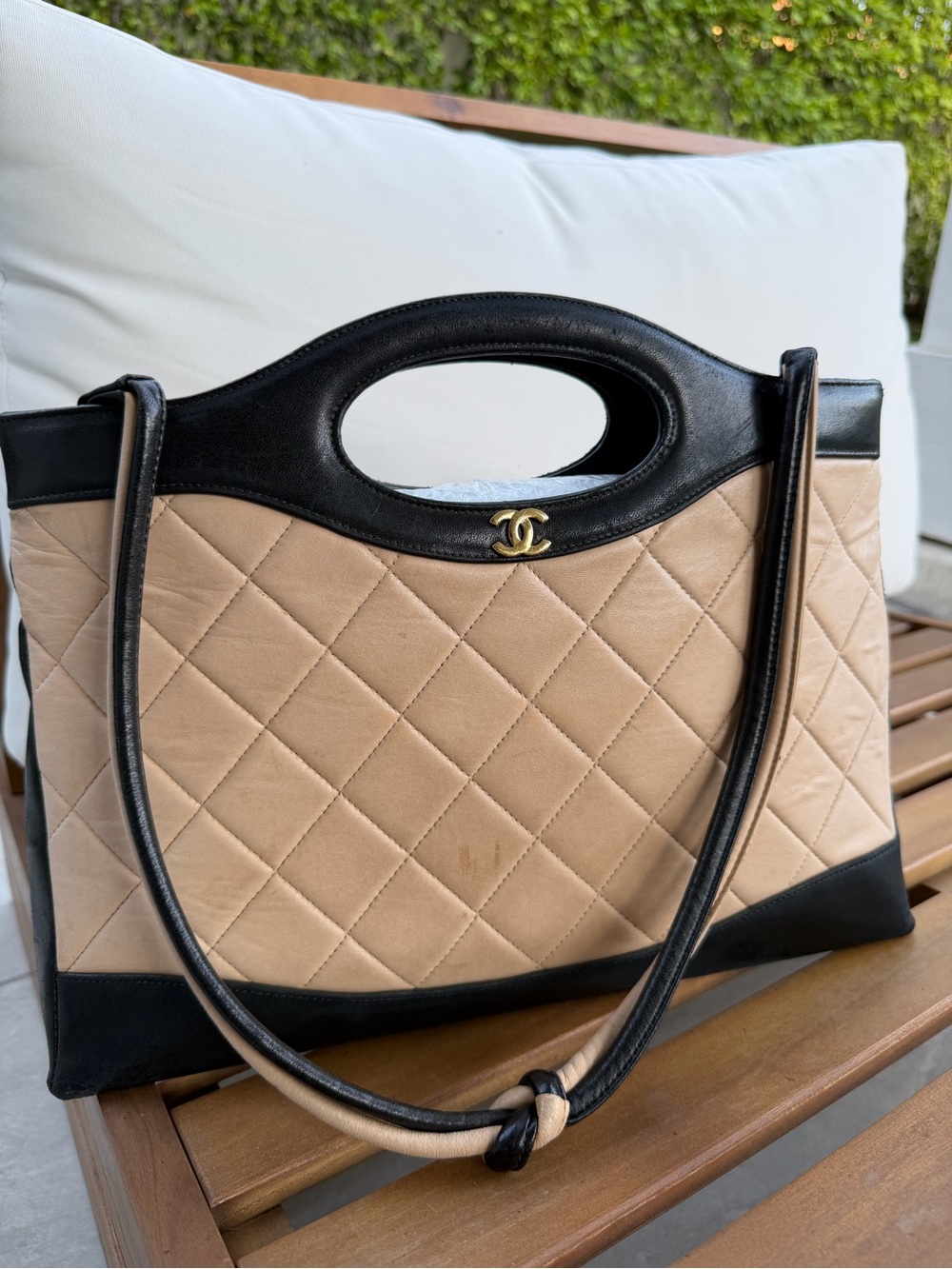 Vintage CHANEL Quilted Leather Tote Beige Black Gold CC Y2K